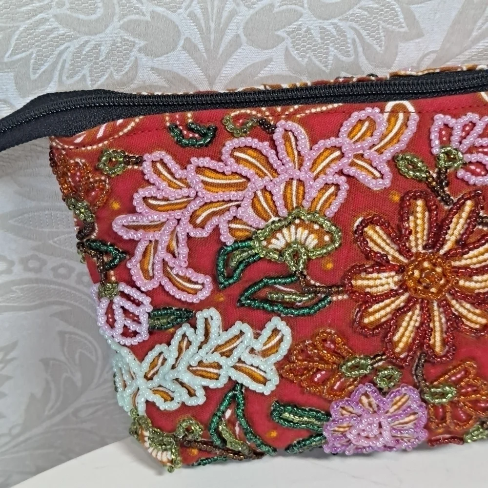 Hand Beaded Silk Pouch with Matching Lipstick Case Vintage EUC